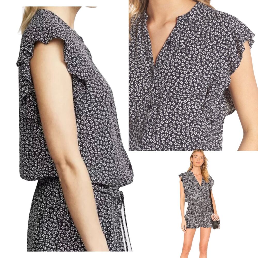 Rails Size Small Ellie Short Romper Black and White Petals Print Ruffle Sleeves